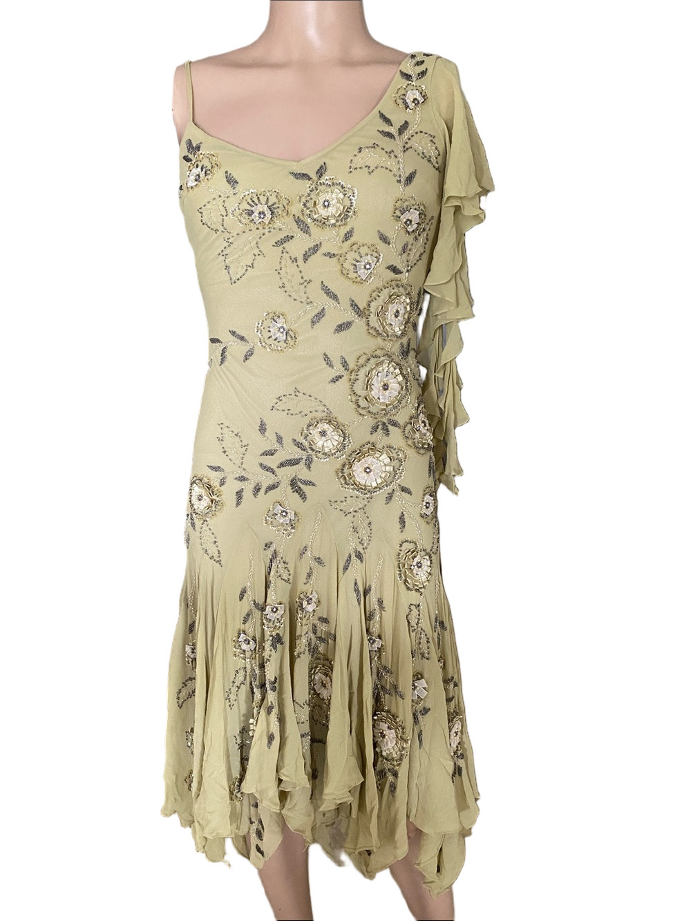 Lillie Rubin Pale Chartreuse One-Shoulder Floral Sequin Dress